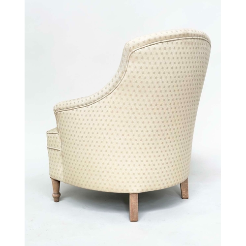 156 - SLIPPER ARMCHAIR, early 20th century with sand woven fabric upholstery, button back and tapering tur... 