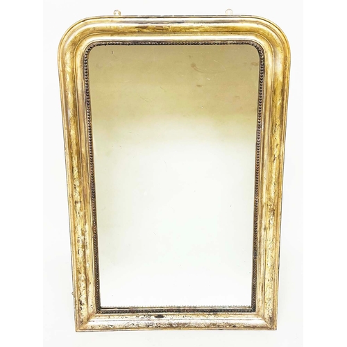 158 - WALL MIRROR, 19th century French giltwood and gesso with arched beaded and incised moulded frame, 87... 