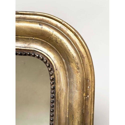 158 - WALL MIRROR, 19th century French giltwood and gesso with arched beaded and incised moulded frame, 87... 