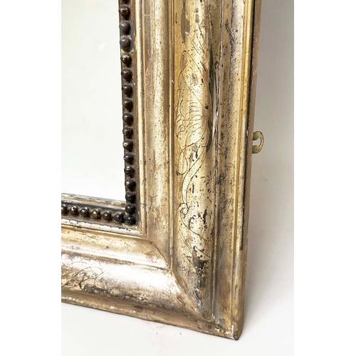 158 - WALL MIRROR, 19th century French giltwood and gesso with arched beaded and incised moulded frame, 87... 