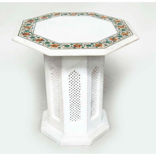 160 - MARBLE CENTRE TABLE, octagonal Indian marble floral border inset top and conforming octagonal pierce... 