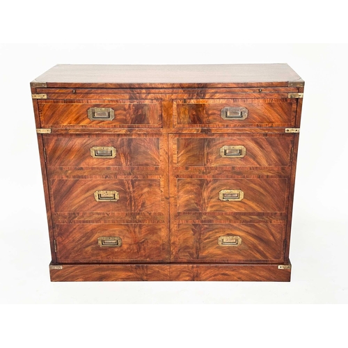 161 - CAMPAIGN STYLE HALL CABINET, flame mahogany and brass bound, with brushing slide, above two drawers ... 