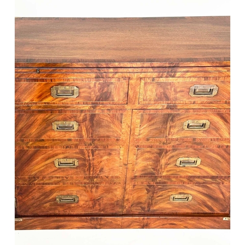 161 - CAMPAIGN STYLE HALL CABINET, flame mahogany and brass bound, with brushing slide, above two drawers ... 