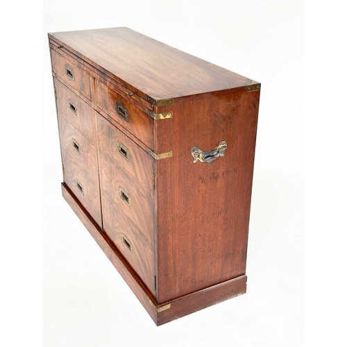 161 - CAMPAIGN STYLE HALL CABINET, flame mahogany and brass bound, with brushing slide, above two drawers ... 