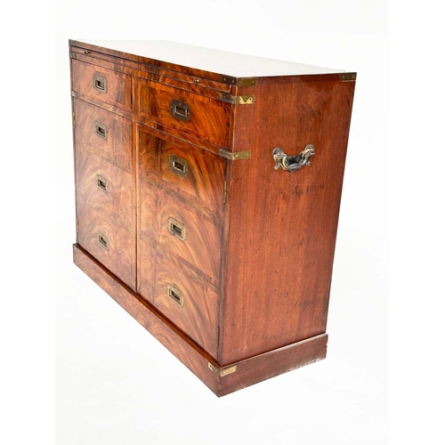 161 - CAMPAIGN STYLE HALL CABINET, flame mahogany and brass bound, with brushing slide, above two drawers ... 