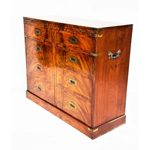 161 - CAMPAIGN STYLE HALL CABINET, flame mahogany and brass bound, with brushing slide, above two drawers ... 