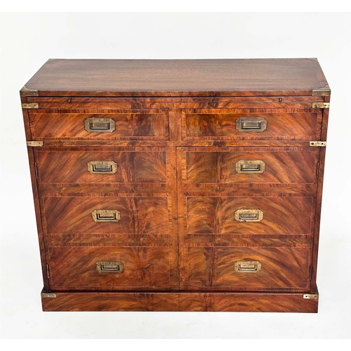 161 - CAMPAIGN STYLE HALL CABINET, flame mahogany and brass bound, with brushing slide, above two drawers ... 