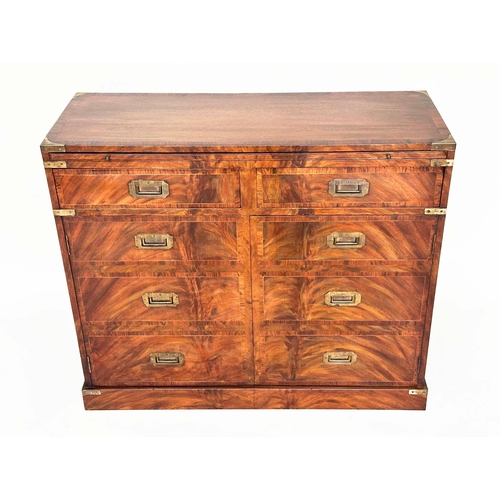 161 - CAMPAIGN STYLE HALL CABINET, flame mahogany and brass bound, with brushing slide, above two drawers ... 