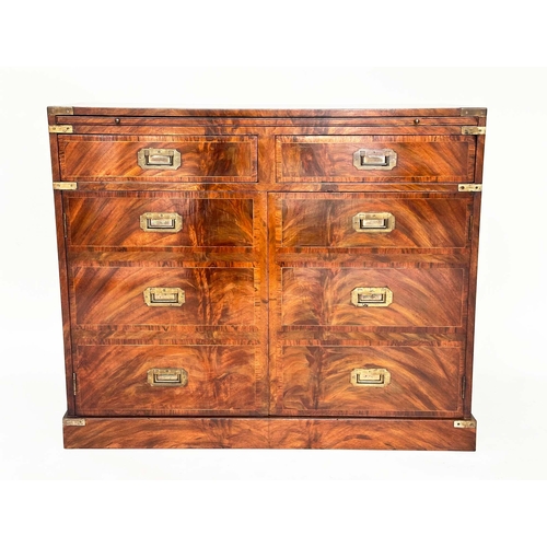 161 - CAMPAIGN STYLE HALL CABINET, flame mahogany and brass bound, with brushing slide, above two drawers ... 