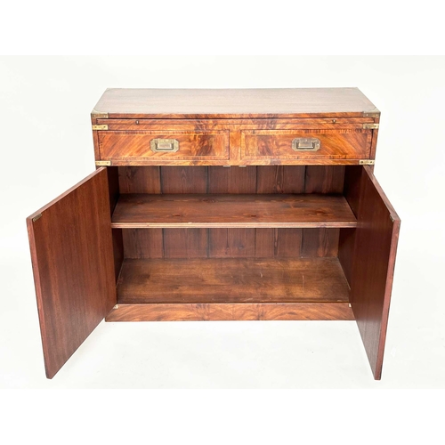 161 - CAMPAIGN STYLE HALL CABINET, flame mahogany and brass bound, with brushing slide, above two drawers ... 