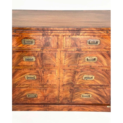 161 - CAMPAIGN STYLE HALL CABINET, flame mahogany and brass bound, with brushing slide, above two drawers ... 