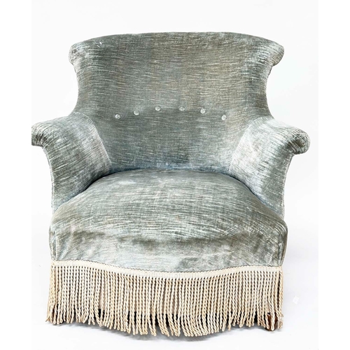 162 - ARMCHAIR, early 20th century with blue green chenille upholstery, button back and serpentine front, ... 