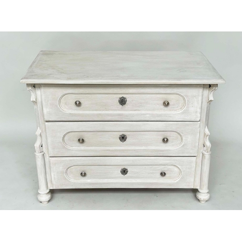 165 - COMMODE, 19th century French Napoleon III, traditionally grey painted with three long drawers and tu... 