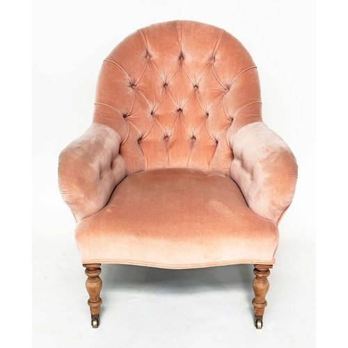 166 - ARMCHAIR, Victorian dusty pink velvet upholstered with buttoned back and turned tapering front suppo... 