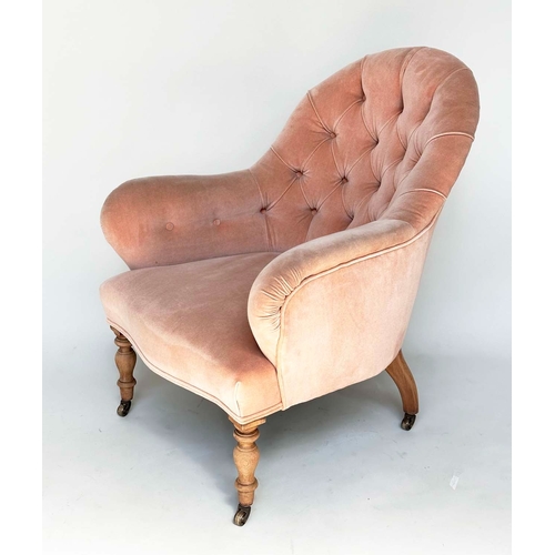 166 - ARMCHAIR, Victorian dusty pink velvet upholstered with buttoned back and turned tapering front suppo... 