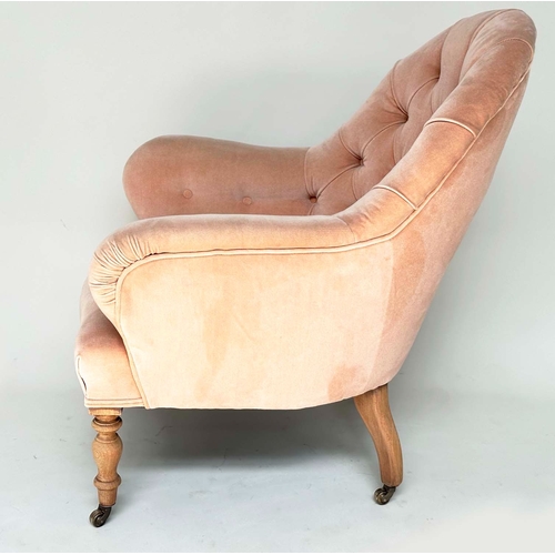 166 - ARMCHAIR, Victorian dusty pink velvet upholstered with buttoned back and turned tapering front suppo... 