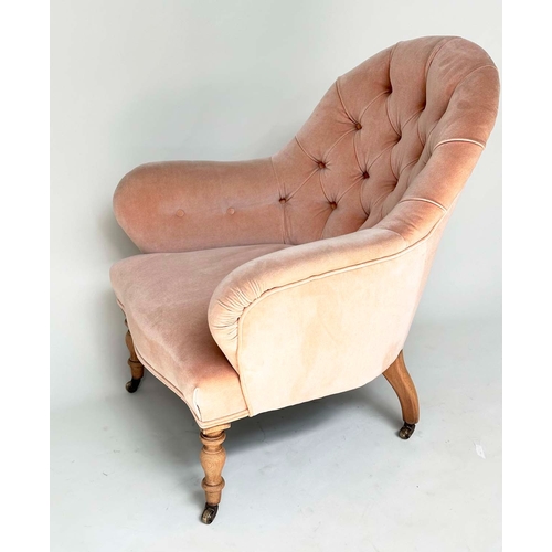 166 - ARMCHAIR, Victorian dusty pink velvet upholstered with buttoned back and turned tapering front suppo... 