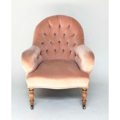 166 - ARMCHAIR, Victorian dusty pink velvet upholstered with buttoned back and turned tapering front suppo... 