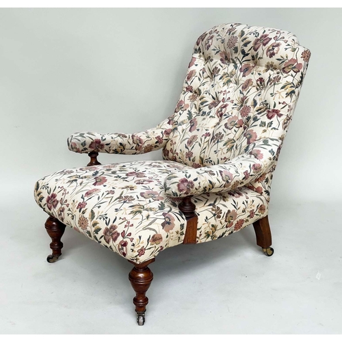 168 - ARMCHAIR, Victorian walnut, Howard style with floral tapestry manner upholstery, buttoned back and t... 