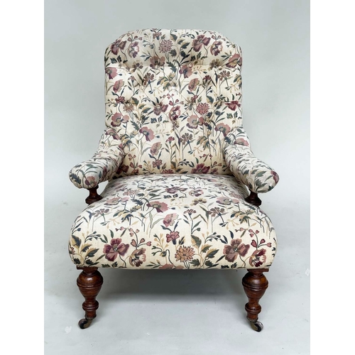 168 - ARMCHAIR, Victorian walnut, Howard style with floral tapestry manner upholstery, buttoned back and t... 