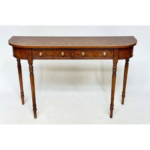 169 - HALL TABLE, George III design burr walnut and crossbanded with rounded ends, two frieze drawers and ... 