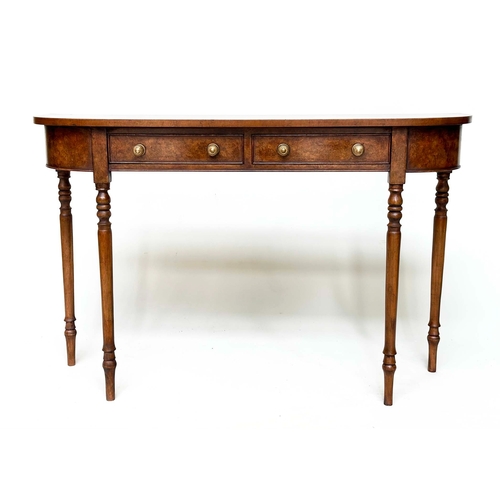 169 - HALL TABLE, George III design burr walnut and crossbanded with rounded ends, two frieze drawers and ... 