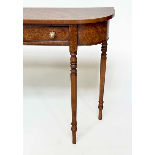 169 - HALL TABLE, George III design burr walnut and crossbanded with rounded ends, two frieze drawers and ... 