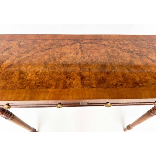 169 - HALL TABLE, George III design burr walnut and crossbanded with rounded ends, two frieze drawers and ... 