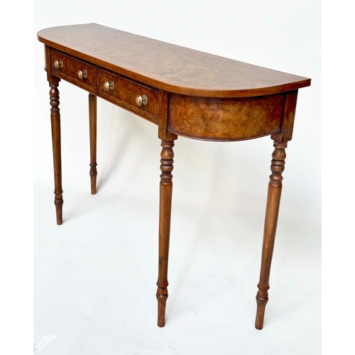 169 - HALL TABLE, George III design burr walnut and crossbanded with rounded ends, two frieze drawers and ... 