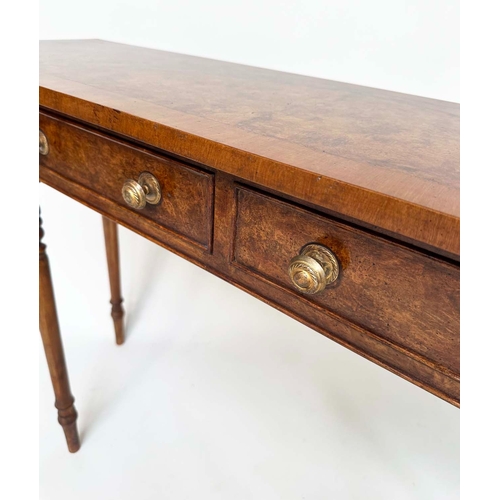 169 - HALL TABLE, George III design burr walnut and crossbanded with rounded ends, two frieze drawers and ... 