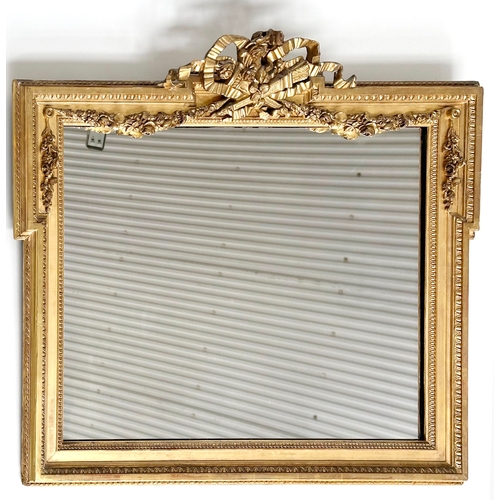 170 - WALL MIRROR, 19th century French giltwood and gesso, rectangular with ribbon crest, and beaded frame... 