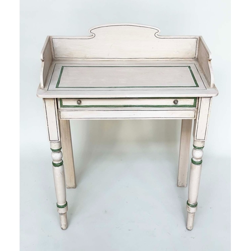 171 - WRITING TABLE, 19th century Regency style grey painted, and contrast green lined with frieze drawer ... 