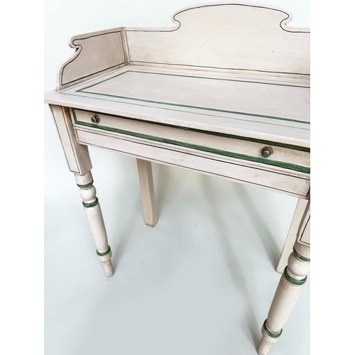 171 - WRITING TABLE, 19th century Regency style grey painted, and contrast green lined with frieze drawer ... 