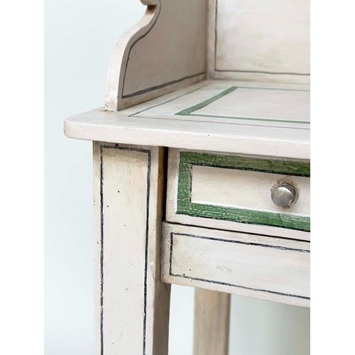 171 - WRITING TABLE, 19th century Regency style grey painted, and contrast green lined with frieze drawer ... 