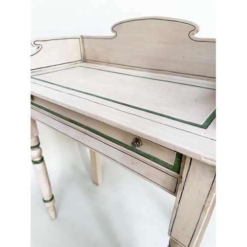 171 - WRITING TABLE, 19th century Regency style grey painted, and contrast green lined with frieze drawer ... 