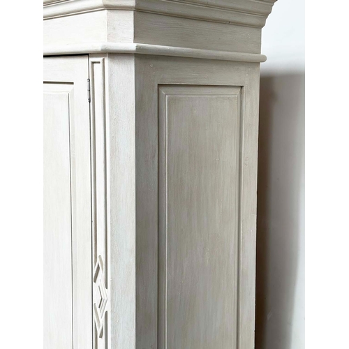 173 - ARMOIRE, French traditionally grey painted with two panelled doors enclosing large hanging space, 13... 