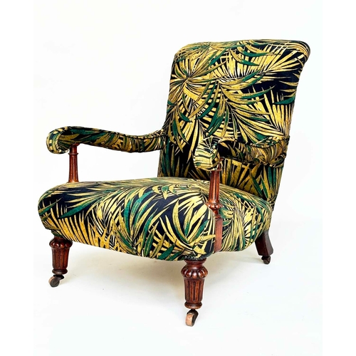 174 - ARMCHAIR, Victorian style mahogany with printed velvet upholstery rear leg stamped 