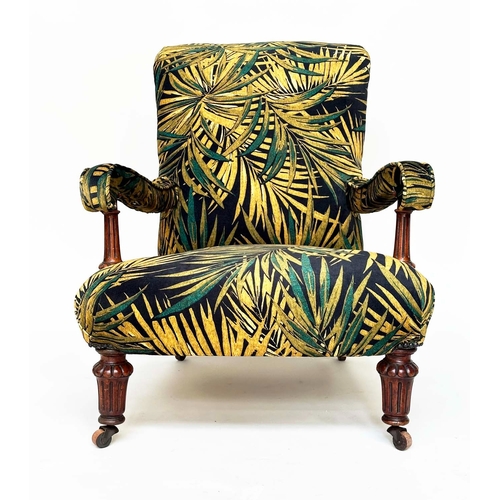 174 - ARMCHAIR, Victorian style mahogany with printed velvet upholstery rear leg stamped 