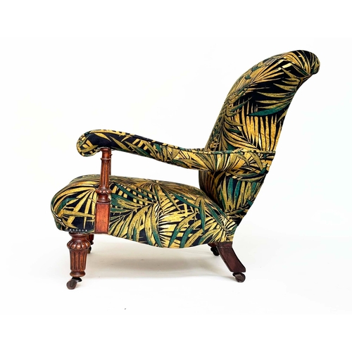 174 - ARMCHAIR, Victorian style mahogany with printed velvet upholstery rear leg stamped 