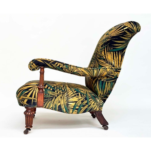 174 - ARMCHAIR, Victorian style mahogany with printed velvet upholstery rear leg stamped 