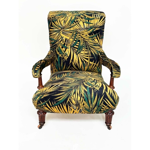 174 - ARMCHAIR, Victorian style mahogany with printed velvet upholstery rear leg stamped 