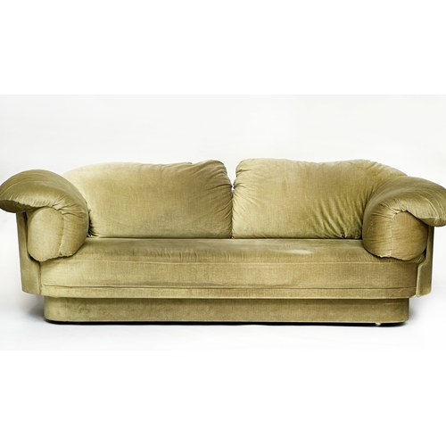 176 - HEALS SOFA, soft moss green velvet upholstered, with outswept cushion arms, 234cm W.