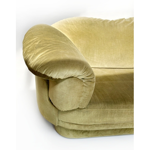 176 - HEALS SOFA, soft moss green velvet upholstered, with outswept cushion arms, 234cm W.