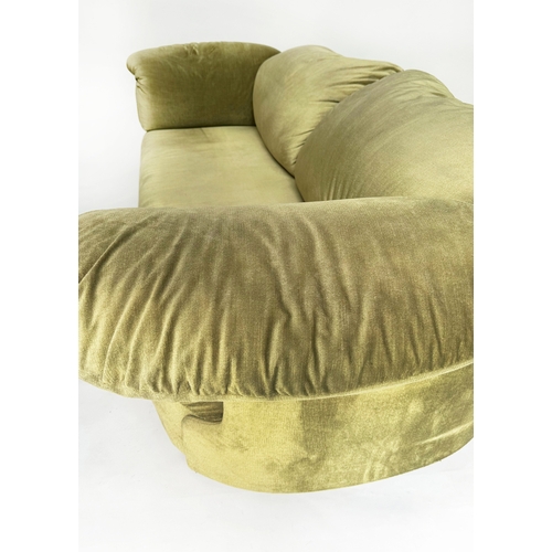 176 - HEALS SOFA, soft moss green velvet upholstered, with outswept cushion arms, 234cm W.