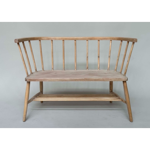 178 - HALL BENCH, mid 20th century beech in the manner of Ercol with arched stick back, 70cm H x 103cm W.