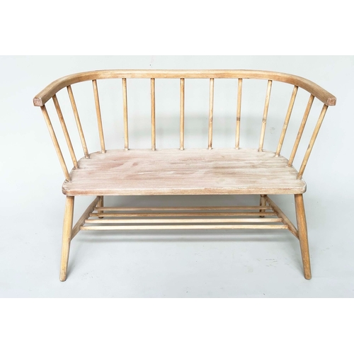 178 - HALL BENCH, mid 20th century beech in the manner of Ercol with arched stick back, 70cm H x 103cm W.