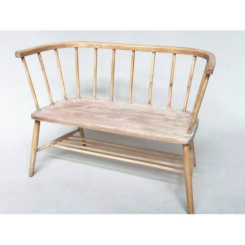 178 - HALL BENCH, mid 20th century beech in the manner of Ercol with arched stick back, 70cm H x 103cm W.