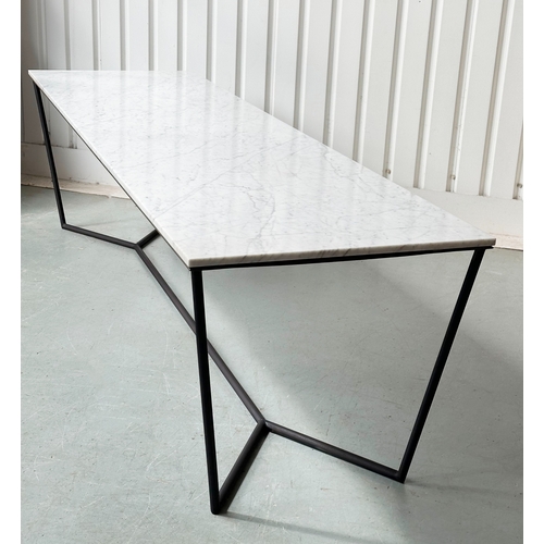 183 - MARBLE CENTRE DISPLAY TABLE, rectangular grey veined Carrara marble upon metal supports with stretch... 