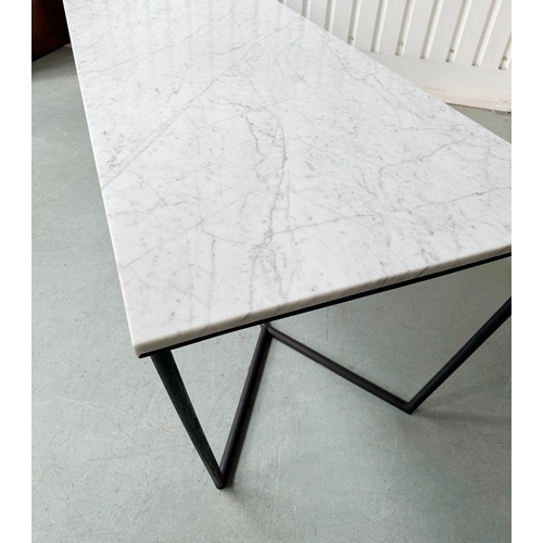 183 - MARBLE CENTRE DISPLAY TABLE, rectangular grey veined Carrara marble upon metal supports with stretch... 