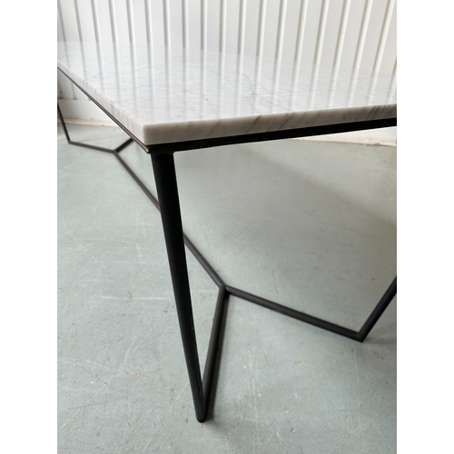 183 - MARBLE CENTRE DISPLAY TABLE, rectangular grey veined Carrara marble upon metal supports with stretch... 